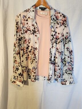 About A Girl Sheer Floral Button-Up with Pink & BlueTee